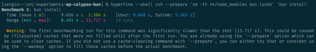 Results of running bun install 10 times with hyperfine. Mean time is 9.616 s ±1.564 s