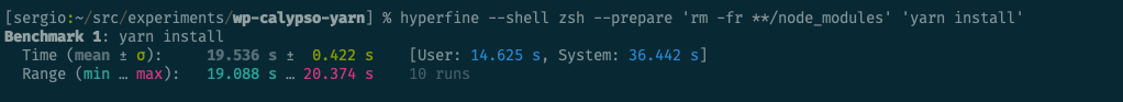 results of running yarn install 10 times with hyperfine. Mean time is 19.536 s ±0.422 s
